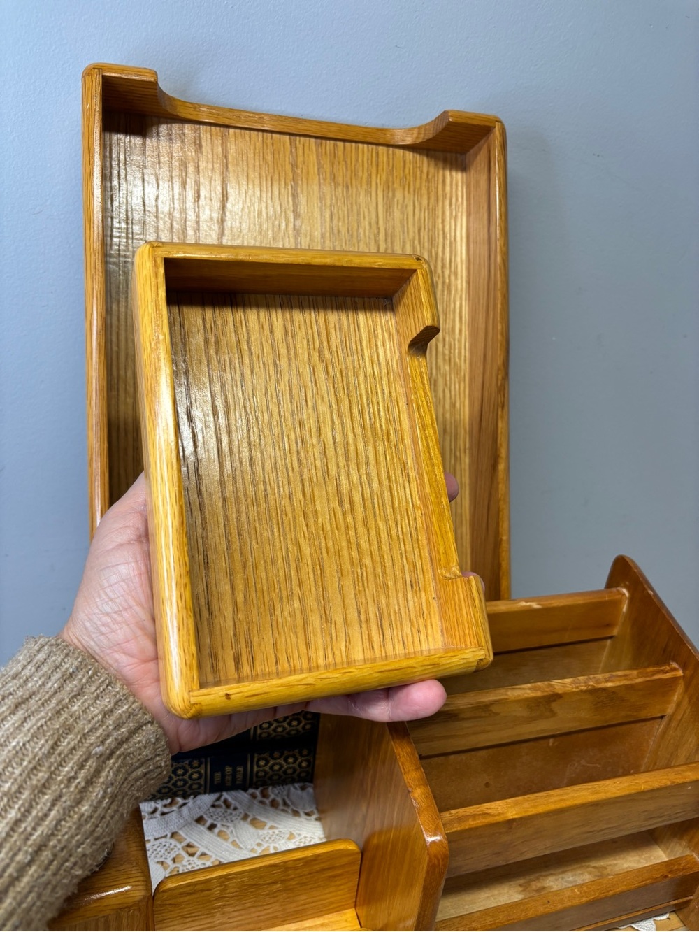 Vintage Solid Oak Wood Desk Organizer Set 6 Pieces Executive Office Accessories - Picture 5 of 7